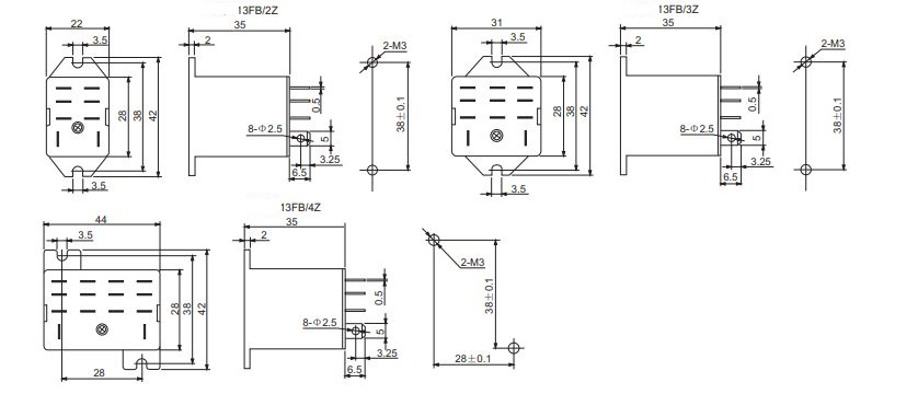 LJQX-13FB-2Z、LJQX-13FB-3Z、LJQX-13FB-4ZInstallation dimensions and connecting diagram